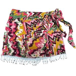 Zara Beaded Fringe Mini Tie Wrap Skirt Abstract Multicolor Women's Size Small